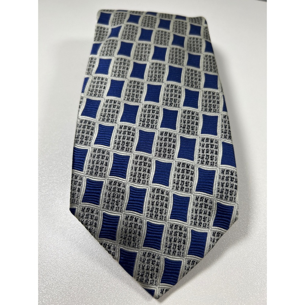 Stefano Milano Mens Silk Tie Blue Silver Geometric Square Pattern Handmade Italy